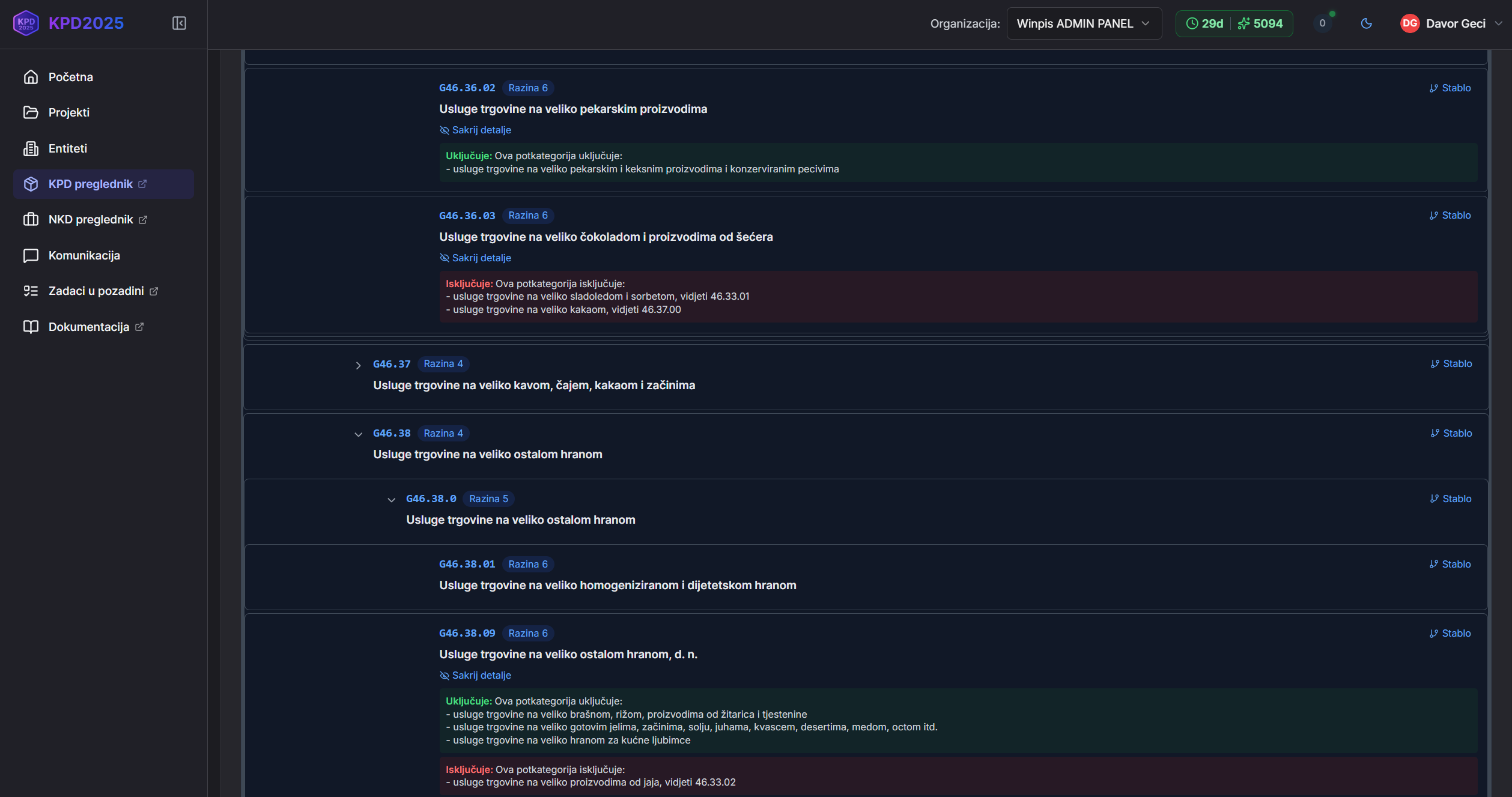 KPD2025 preglednik šifrarnika - kao KLASUS samo pametniji - šifra G46 u tamnoj temi
